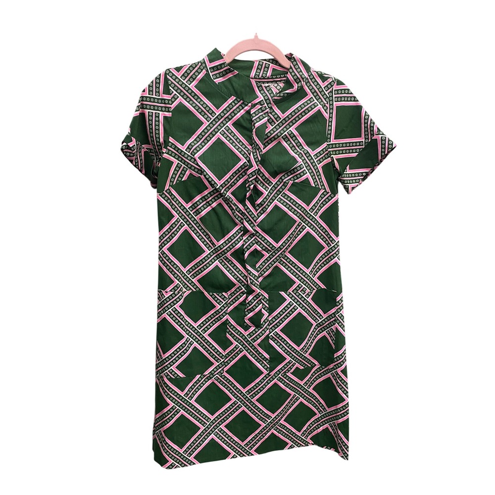 Vintage Carol Brent Green Pink Geometric Diamond Zip Front Shift Dress Mod Mini